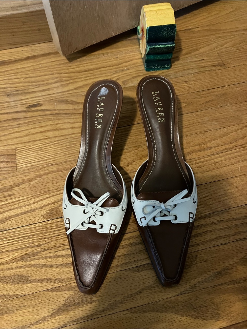 Lauren Ralph Lauren Brown and White Leather Pointed Mules